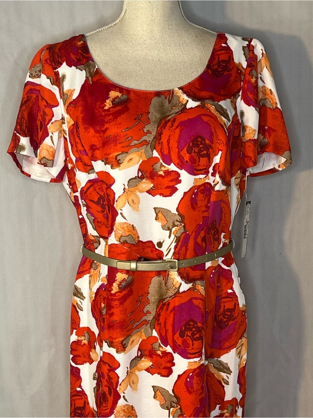 Tahari by Arthur S. Levine Dress Red & Orange Floral Short Sleeves Sheath 10 👍 - Picture 2 of 11